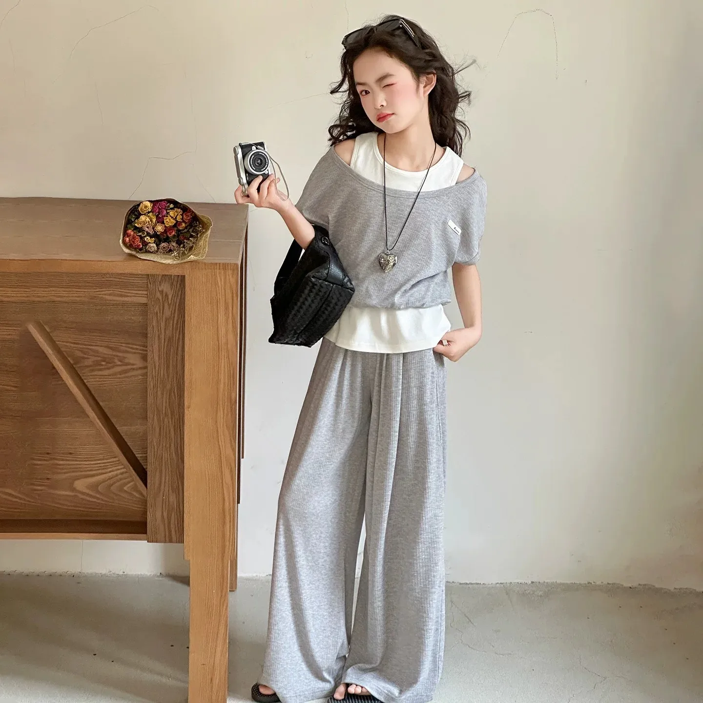 Teenager Girls set children batwing Tank crop Top layered t shirt & long Loose Wide-Leg Pants 2-Piece Summer Outfit 4 10 12 year