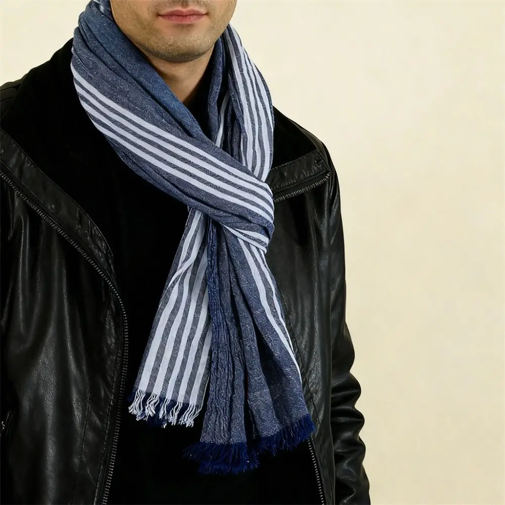 

Модный зимний мужской шарф из хлопка и льна, окрашенный в пряжу, полосатые мужские шарфы с кисточками, мягкая тонкая длинная шаль, осень-зима, теплая