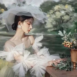 Elegant long thin gauze bubble sleeves princess Tulle gloves Fashion White Transparent Mitten Bridal Wedding Accessories