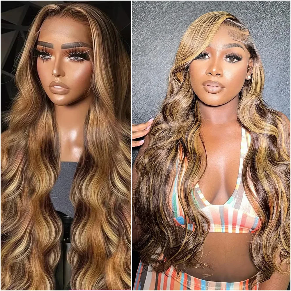 

427 Highlight Body Wave Human Hair 13x6 Transparent Lace Frontal Wigs Pre Plucked Colored 13x4 Lace Front Wig 200% Density 40 In