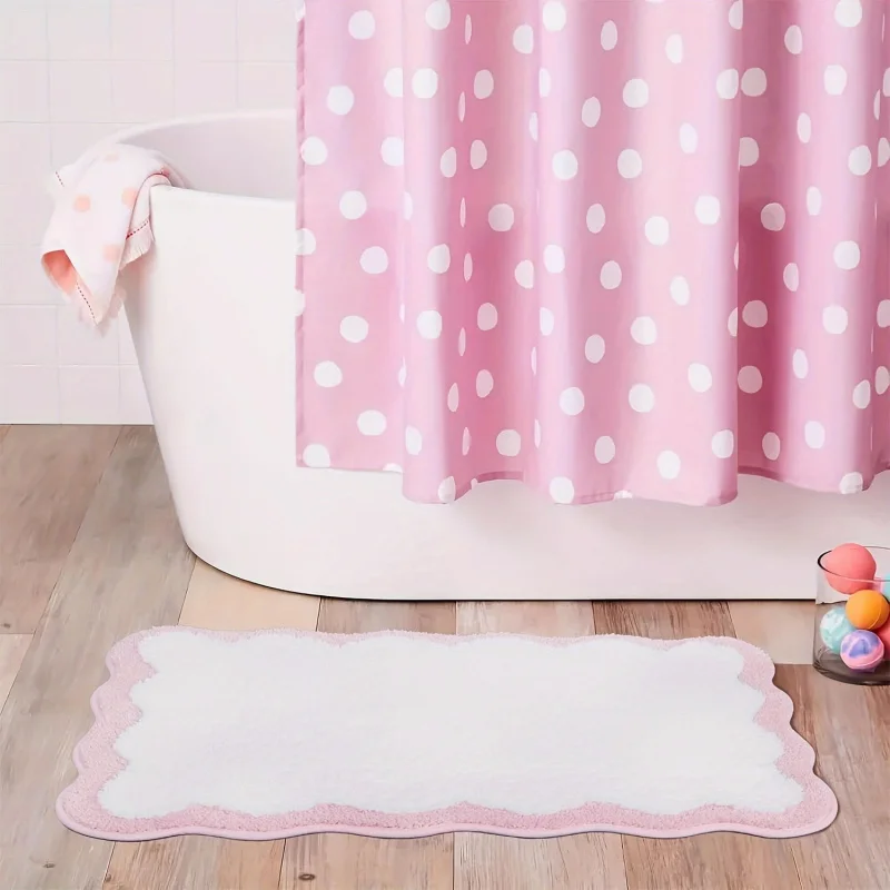VIKAMA Plush Wavy Lines Pink Green Bathroom Floor Mat Living Room Bedroom Carpet Simple Soft Cute Floor Mat Home Decoration