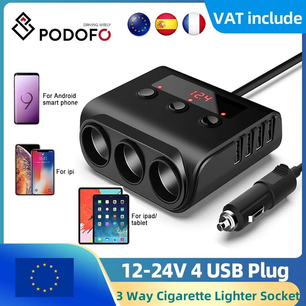 Podofo 12V-24V Car Lighter Socket Splitter USB Charger Plug With LED Adapter 3Way Port Auto For Mobile Phone MP3 DVR GPS Dashcam