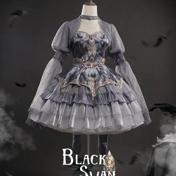 

JSK Lolita Lace-up Dress Print Elegant Swan Dance Grey Feather Layered Cake Dress Lace Sleeve