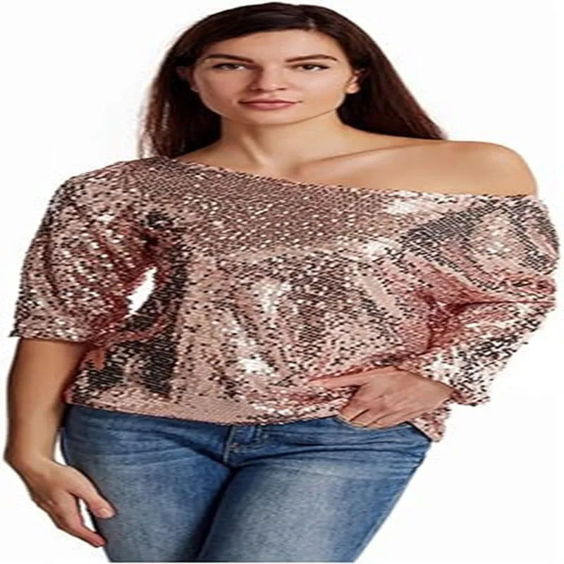 2025 European and American new style loose sequin sloping shoulder short sleeved casual sequin deep V-shirt
