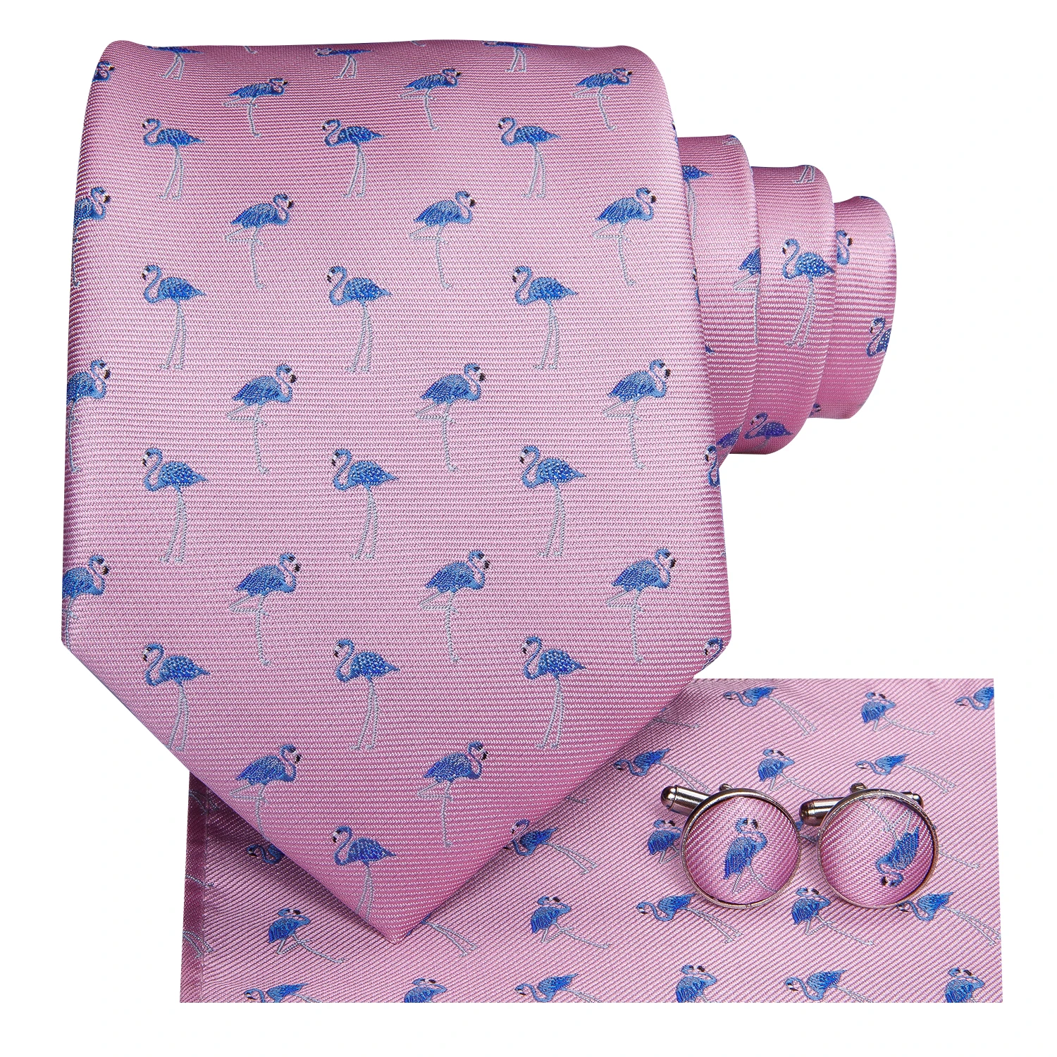 Hi-Tie Designer Pink Blue Flamingo Print Silk Ties For Men Handkerchief Cufflink Cartoon Men's Tie Gift For Men Jacquard Gravata