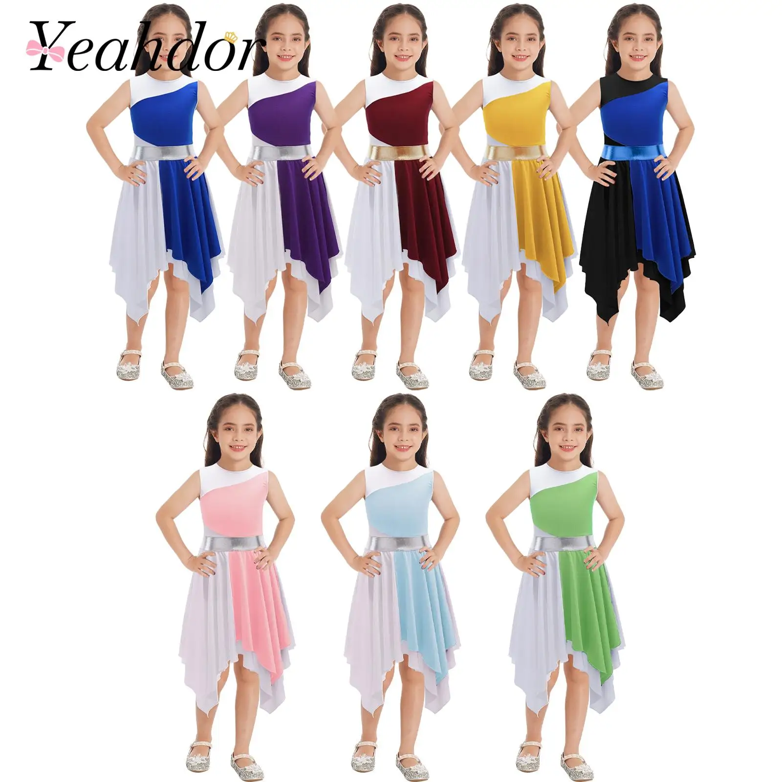 

Kids Girls Color Block Lyrical Dance Dress Sleeveless Praise Contemporary Ballroom Dancing Costume Children Church Choir Costume