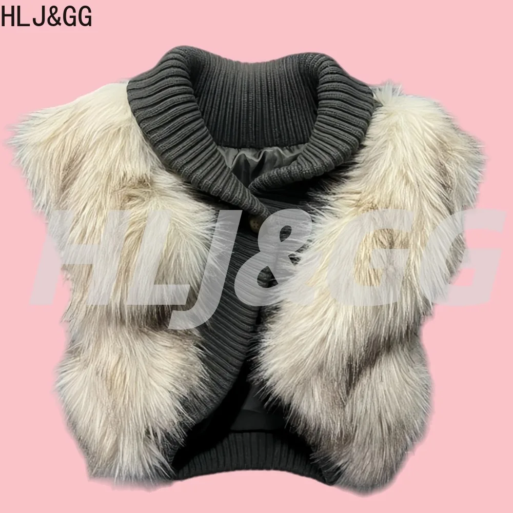 HLJ hiver nouvelle mode fourrure Patchwork manteau gilet femmes tricot couleur unie sans manches vestes courte femme Y2k Streetwear 2025