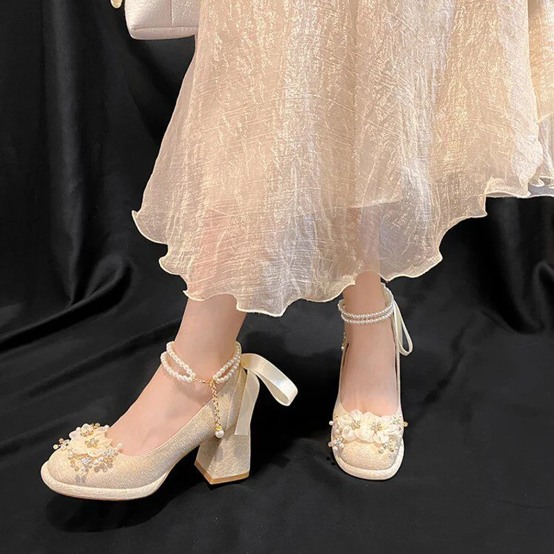 

Sweet Lolita Champagne Princess Mary Jane Heels Pearl Ankle Strap Chunky Heel Pumps For Wedding Bridesmaid