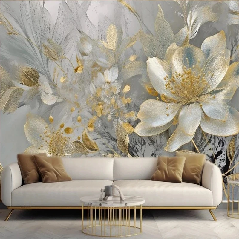 Custom Large Mural Paper 3D Luxury Golden Flowers Painting Wallpaper for Wall Bedroom Living Room TV Background Home Decoration