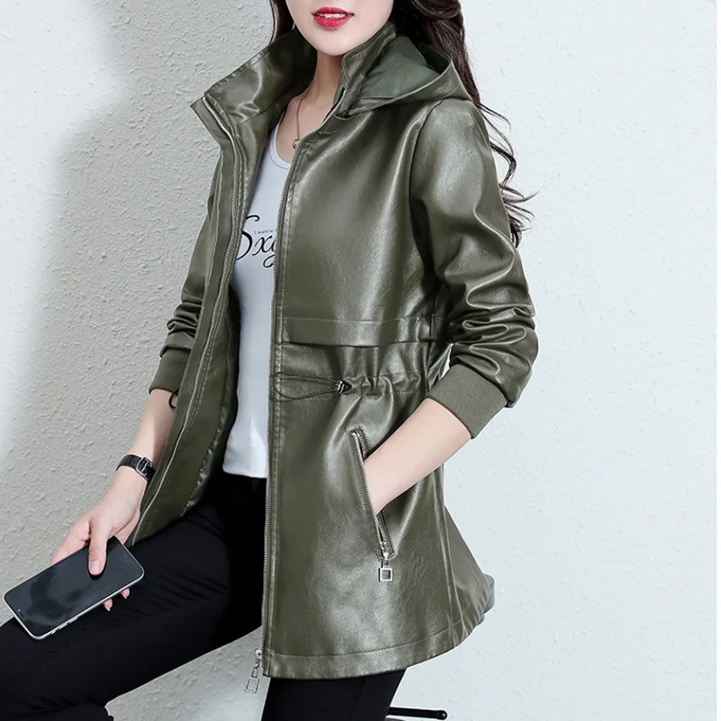 PU Leather Jacket for Women, Motorcycle Overcoat, Lace-Up, Slim Long Leather, Windbreaker Coat, Female Outwear, Spring, Autumn