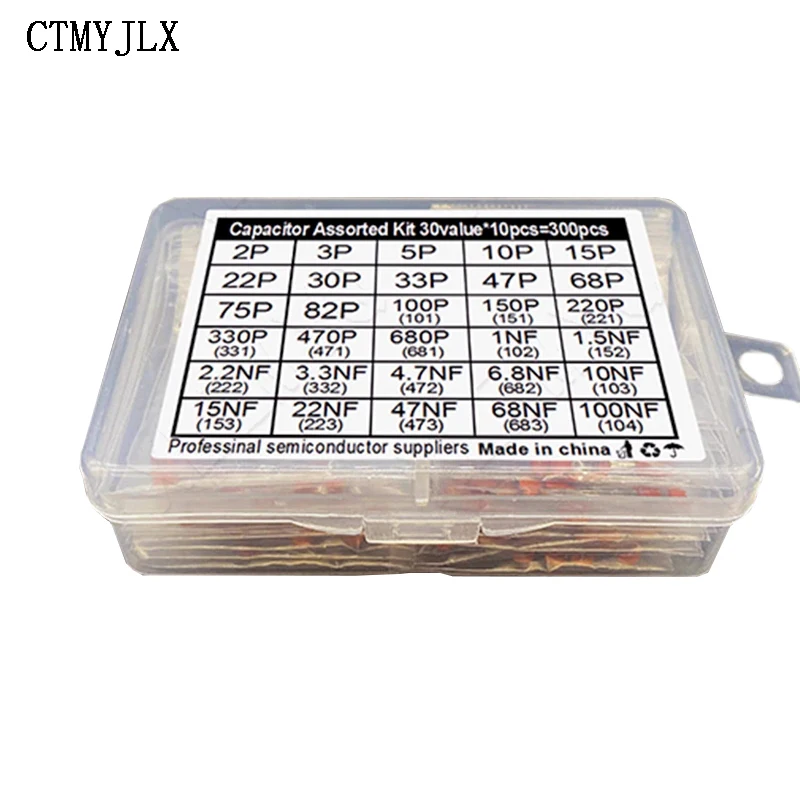 300pcs 50V Ceramic Capacitor Kit 2PF-0.1UF 30Values*10pcs Capacitance Assorted DIY Sample Pack 30pF 100pF 1nF 10nF Capacitors