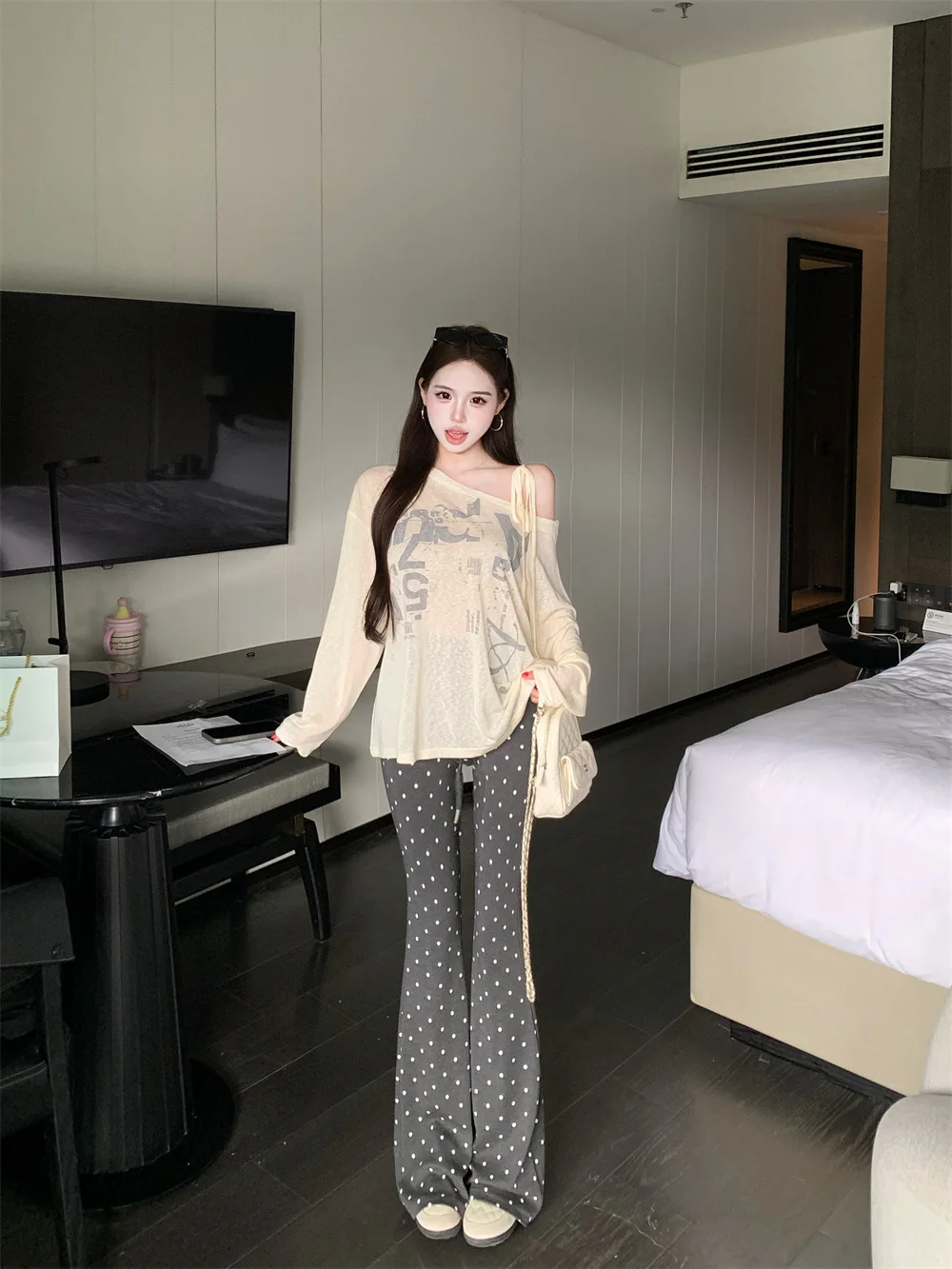 

Summer Leisure Polka Dot Long Sleeve T-Shirt Women's High Waist Pants Two-Piece Set Lazy Style Diagonal Shoulder Knot Print Top