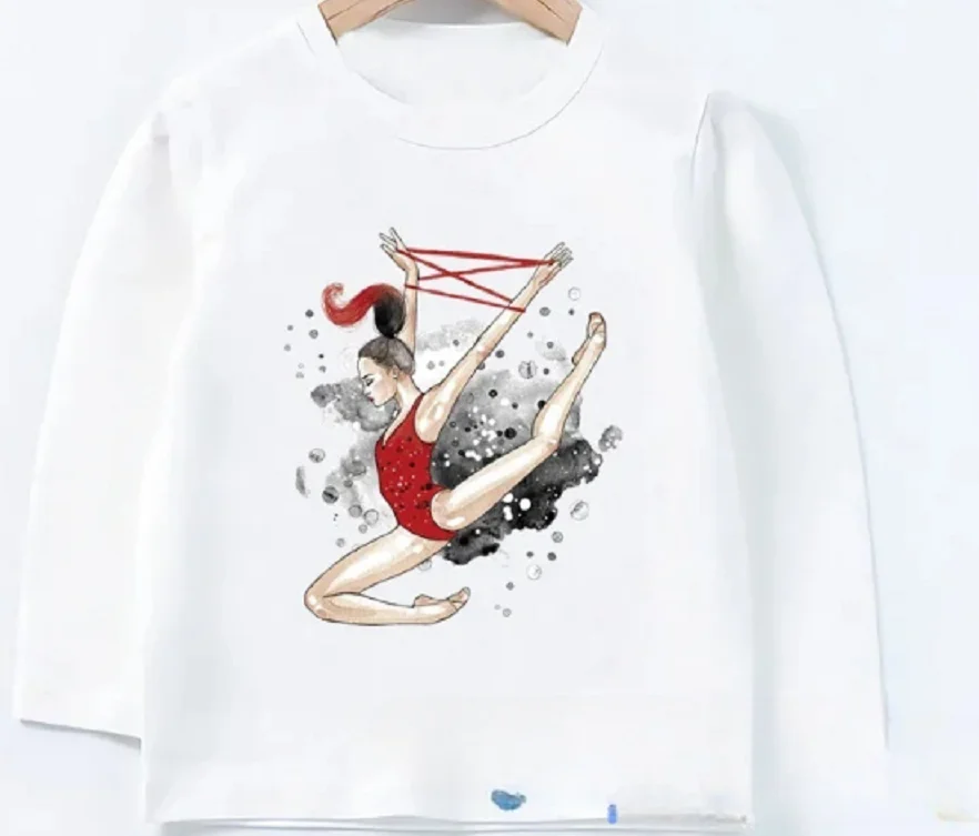 

Watercolor Ballet Dancer Print New Kids T-Shirts Gymnastics Dance Girls Clothes Casual White Long Sleeve T shirtTops