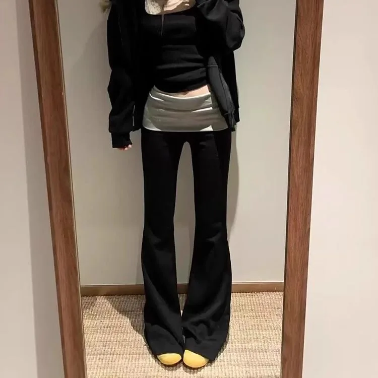 Contrast Patchwork Flare Pants Casual Grey High Waist Slim-fitting Boot Cut Leggings Streetwear y2k Women Sweatpants Chic