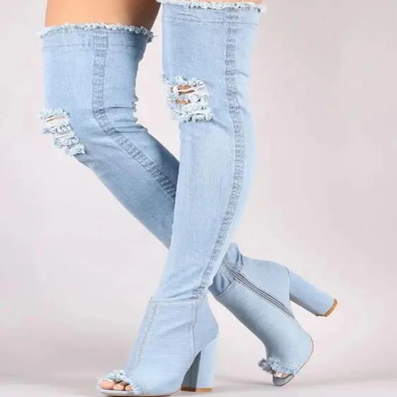 

Woman Chunky Heels Denim Boots Peep Toe Side Zipper Light Blue Jeans Over The Knee Thigh High Boots Modern Runway Shoes