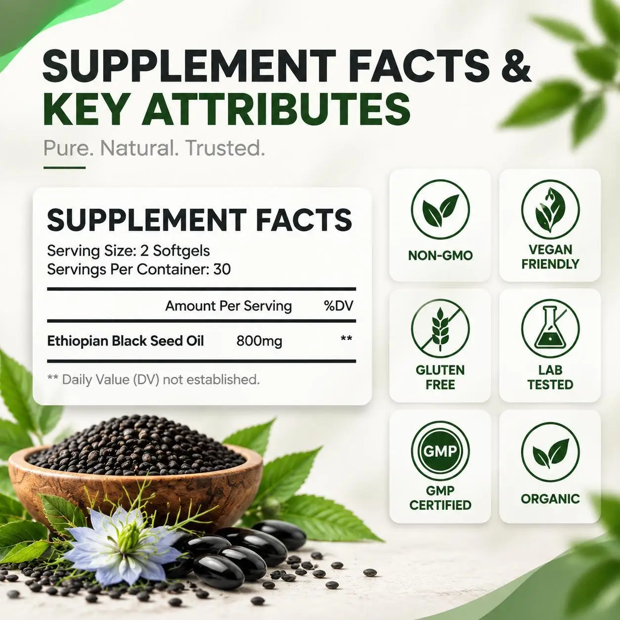 Ethiopian Black Seed Oil Softgels 800mg with Thymoquinone for Immune System, Digestive & Gut Health, Energy Support 60 Softgels