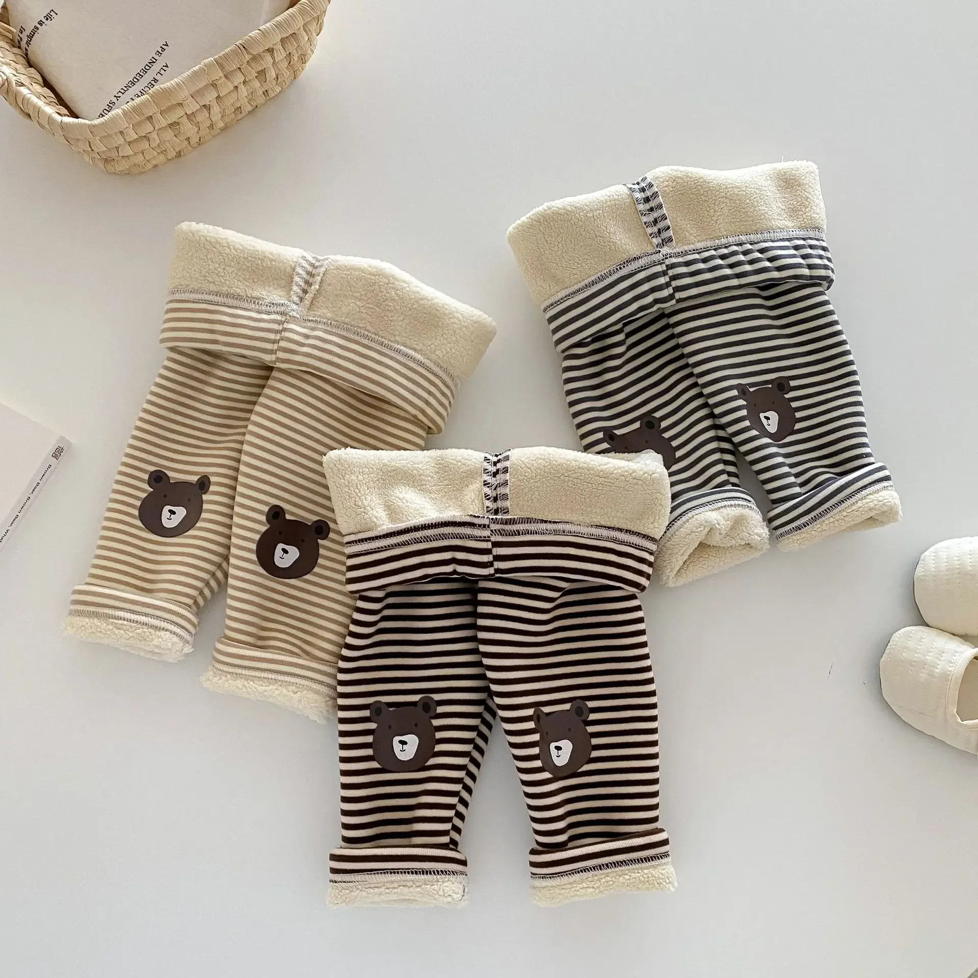 

2024 Autumn Winter New in Kids Baby Girls Thick Clothing , Toddler Infant Striped Cartoon Bear Pants Lightting 3M-5Y