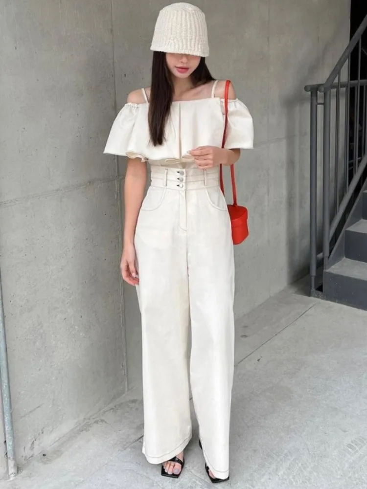 เสื้อเบลาส์สไตล์เรโทรฤดูร้อนสุดชิค พร้อมกางเกงขายาวเอวสูงทรงขาบาน ชุดเซ็ตสีพื้นสำหรับผู้หญิง เหมาะสำหรับใส่ไปทำงาน แฟชั่นทันสมัย ใช้ได้หลากหลายโอกาส