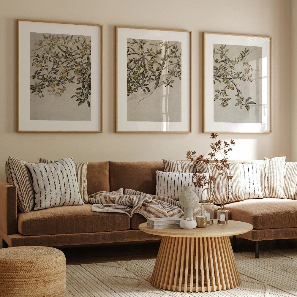 Frameless Canvas Painting 3pcs  Vintage Apple Tree Branch Set of 3 Prints Rustic Home Decor Split Wall Prints Poster Farmhouse D