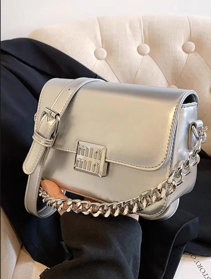 Bolso de mujer, famosa marca de lujo de diseñador, bolsos de mano de cuero con láser plateado, bolsos pequeños, bolsos de hombro tipo bandolera