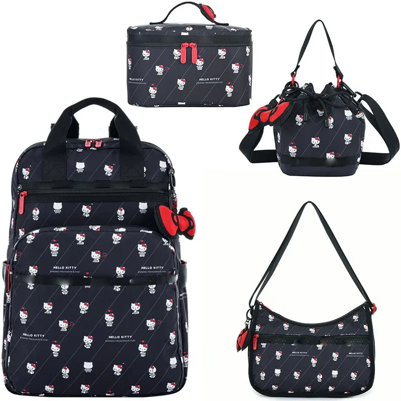 New MINISO Sanrio Hello Kitty Cartoon Black Nylon Printing Casual Commute Backpack Large Capacity Travel Bag Girl Cosmetic Bag