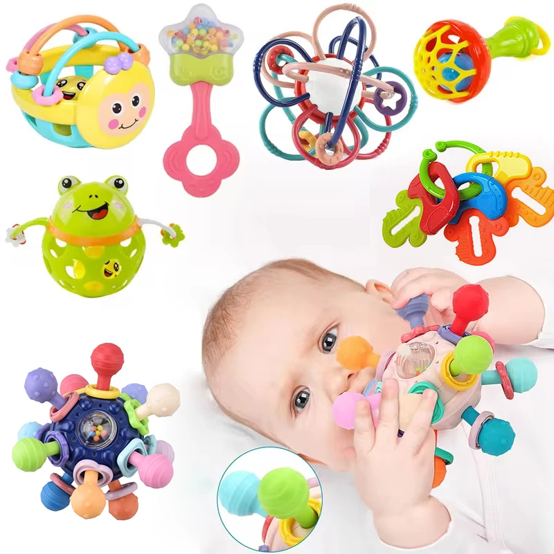 Baby Toys 0 12 Months Rotating Rattle Ball Grasping Activity Baby Development Toy Silicone Teether Sensory Toys for Babies Gifts