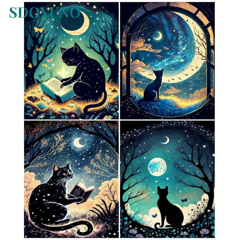 

SDOYUNO Painting By Number Black Cat Drawing On Canvas HandPainted Art Gift DIY Pictures By Number Animal Kits Home Decor