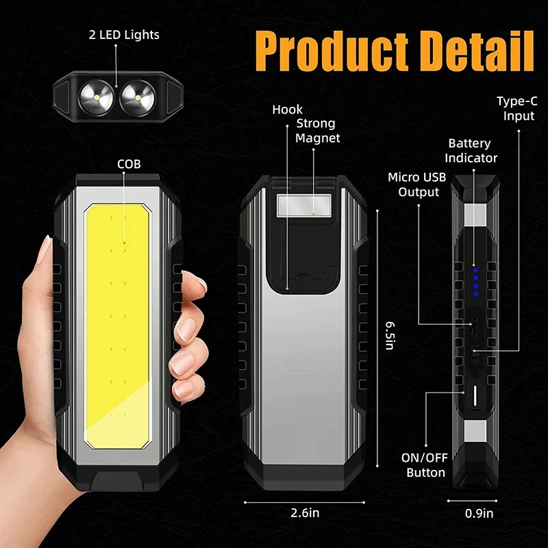 Luz de trabajo COB para acampar, linterna LED recargable por USB, Banco de energía 18650, lámpara portátil con imán, linterna impermeable de 4000mAh