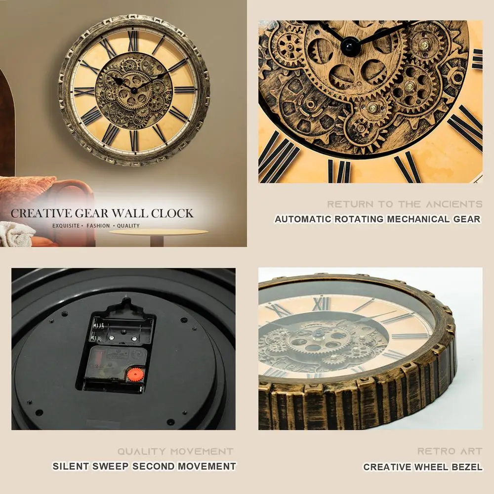 

Round Plastic Wall Clock Wholesale American Vintage Steampunk Gear Industrial Mechanical Decor Quartz Clock