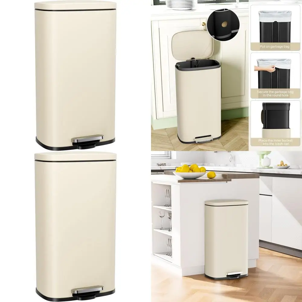 

50L Beige Step Trash Can with Stainless Steel Lid and Removable Inner Bucket for Kitchen Use