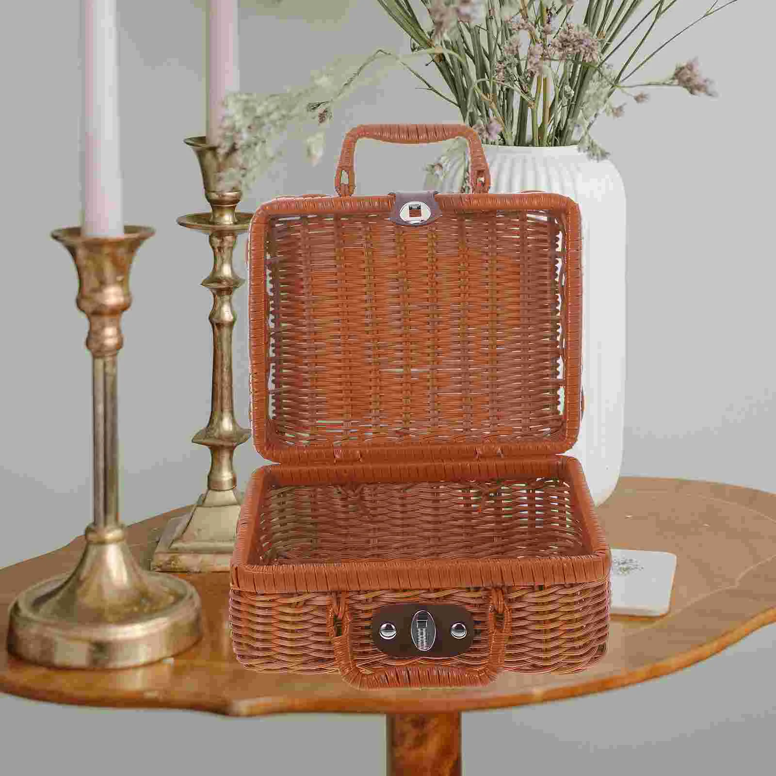 

Hamper Imitation Rattan Box Storage Case Clothing Basket Handwoven Suitcase Light Brown Picnic Vintage Office