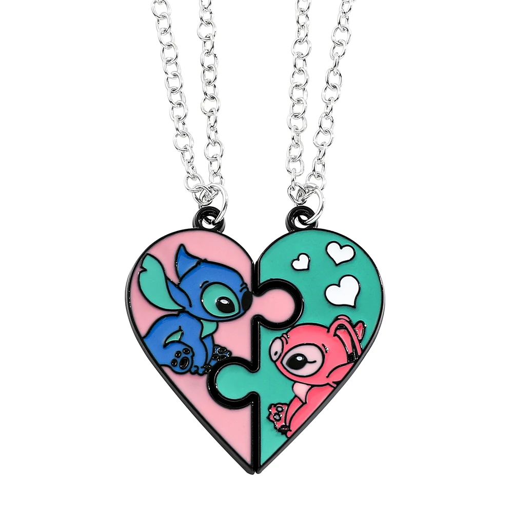 1pair Fashion Creative Disney Cartoon Stitch and Angie Heart Pendant Necklace for Women Jewellery