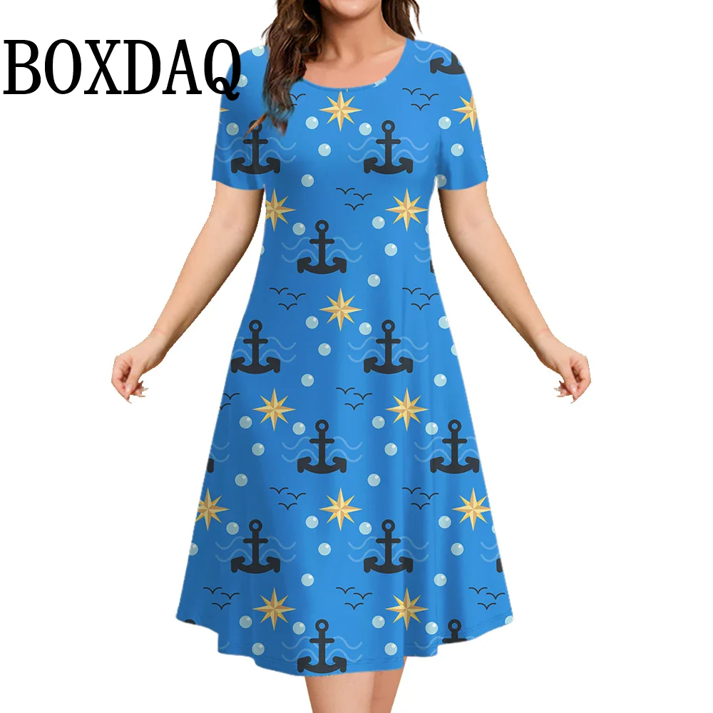 Summer Ladies Dress Anchor 3d Print Dress O Neck Women Short Sleeve Fashion Oversized Dresses Casual Beach Female Loose Pullover