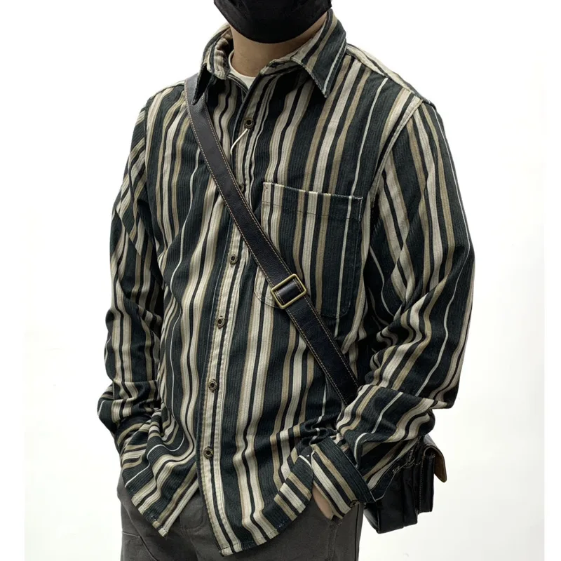 Amikaki Corduroy Striped Shirt For Men Retro Cotton Soft Sticky Loose Casual Long Sleeved Button Down Shirt With Chest Pocket