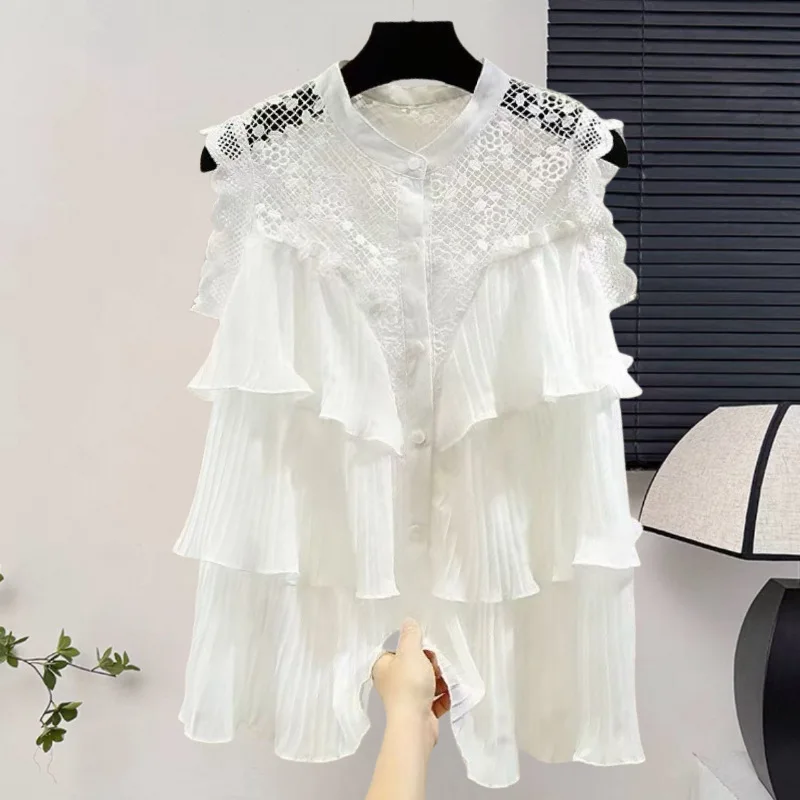 

Милая многослойная однобортная рубашка без рукавов с рюшами и полым кружевом в стиле пэчворк для женщин с уникальным дизайном