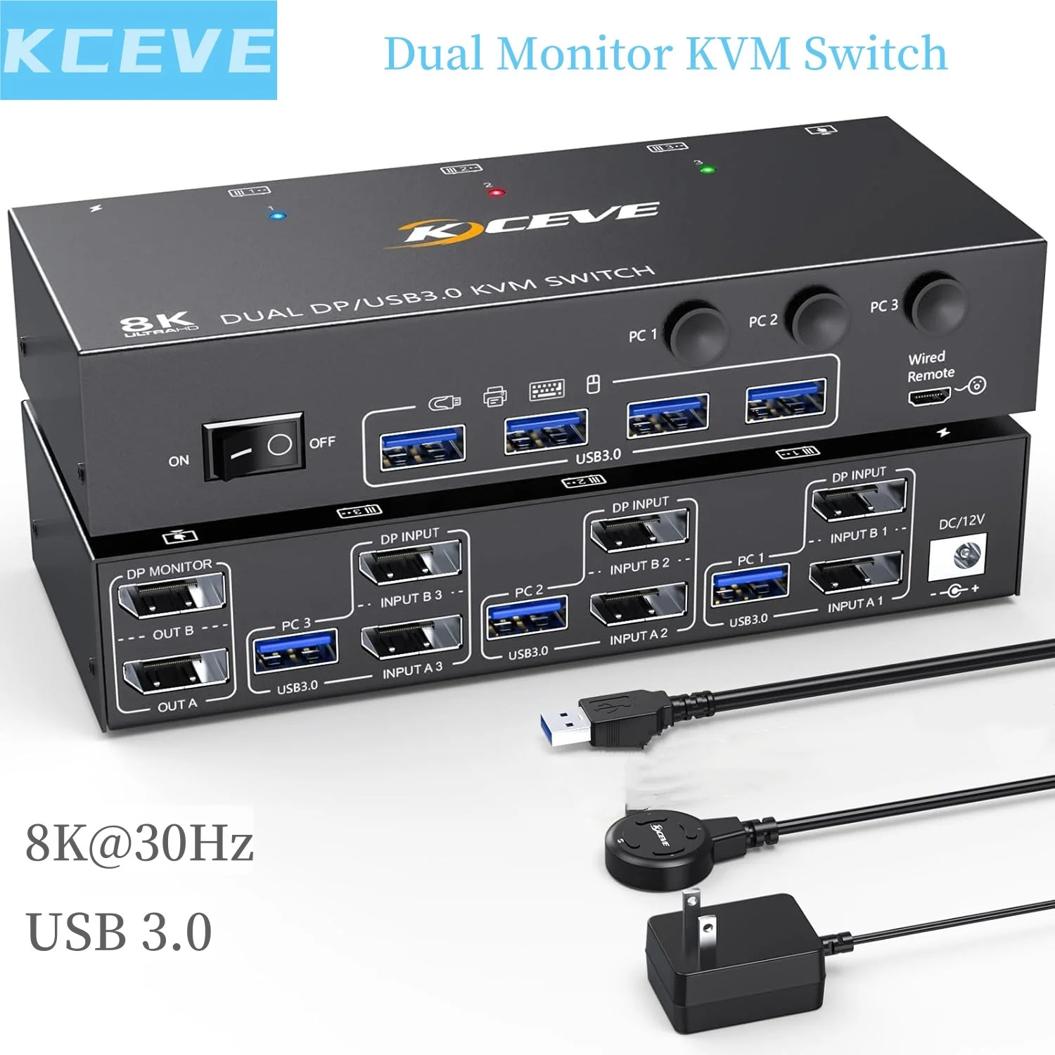 

KCEVE Dual Monitor KVM Switch USB 3.0 Displayport KVM Switch 2 Monitors 3 Computers 8K@30Hz 4K@144Hz 3 Computers Share 2 Monitor