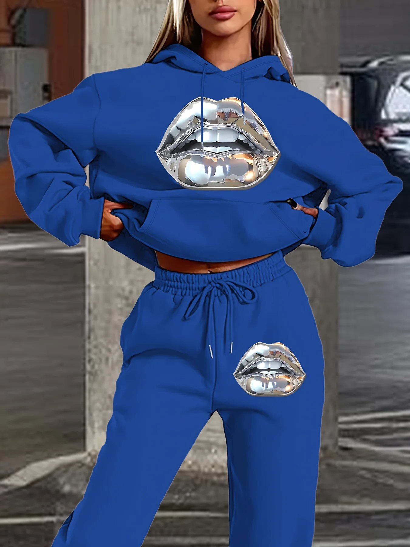 2025 جديد فضي الشفاه طباعة ثلاثية الأبعاد مطبوعة المرأة مقنعين طويلة الأكمام البلوز مجموعة للترفيه المنزلي