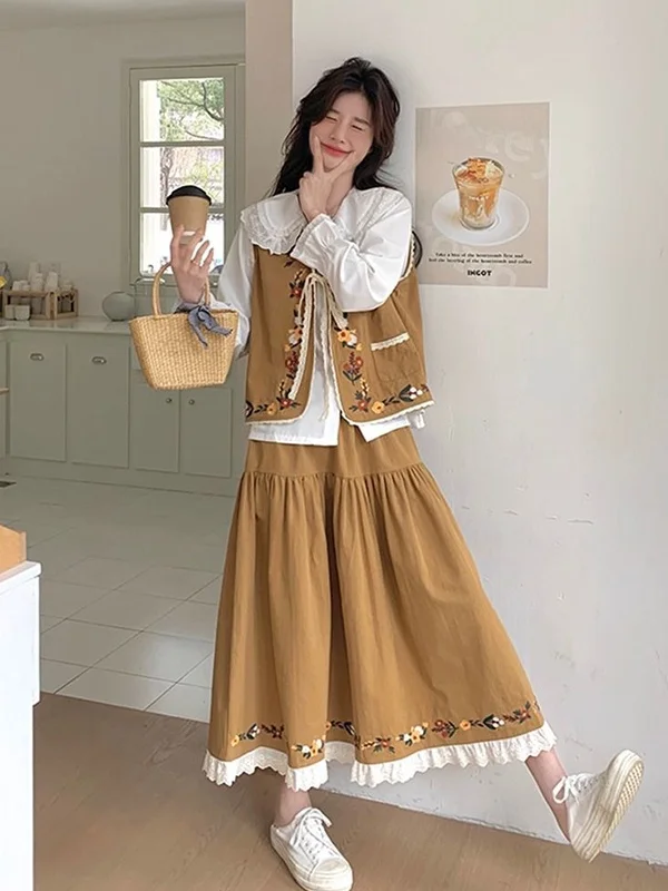 

plus Size 300 Pou Fat MM Large Floral Embroidery irt Vest Doll Collar Outerwear Skirt Tee Piece Set Autumn Faion