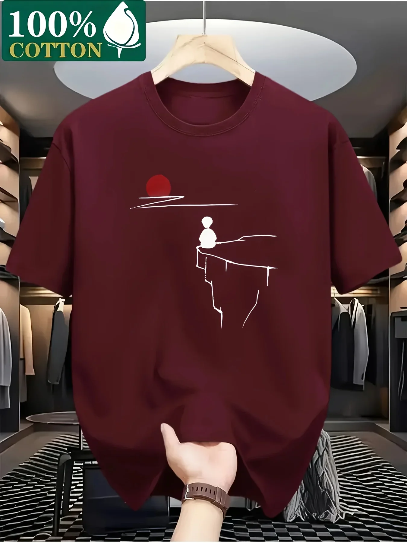 Men's Minimalist Mountain Sunset Graphic Tee 100% Cotton Casual Tops