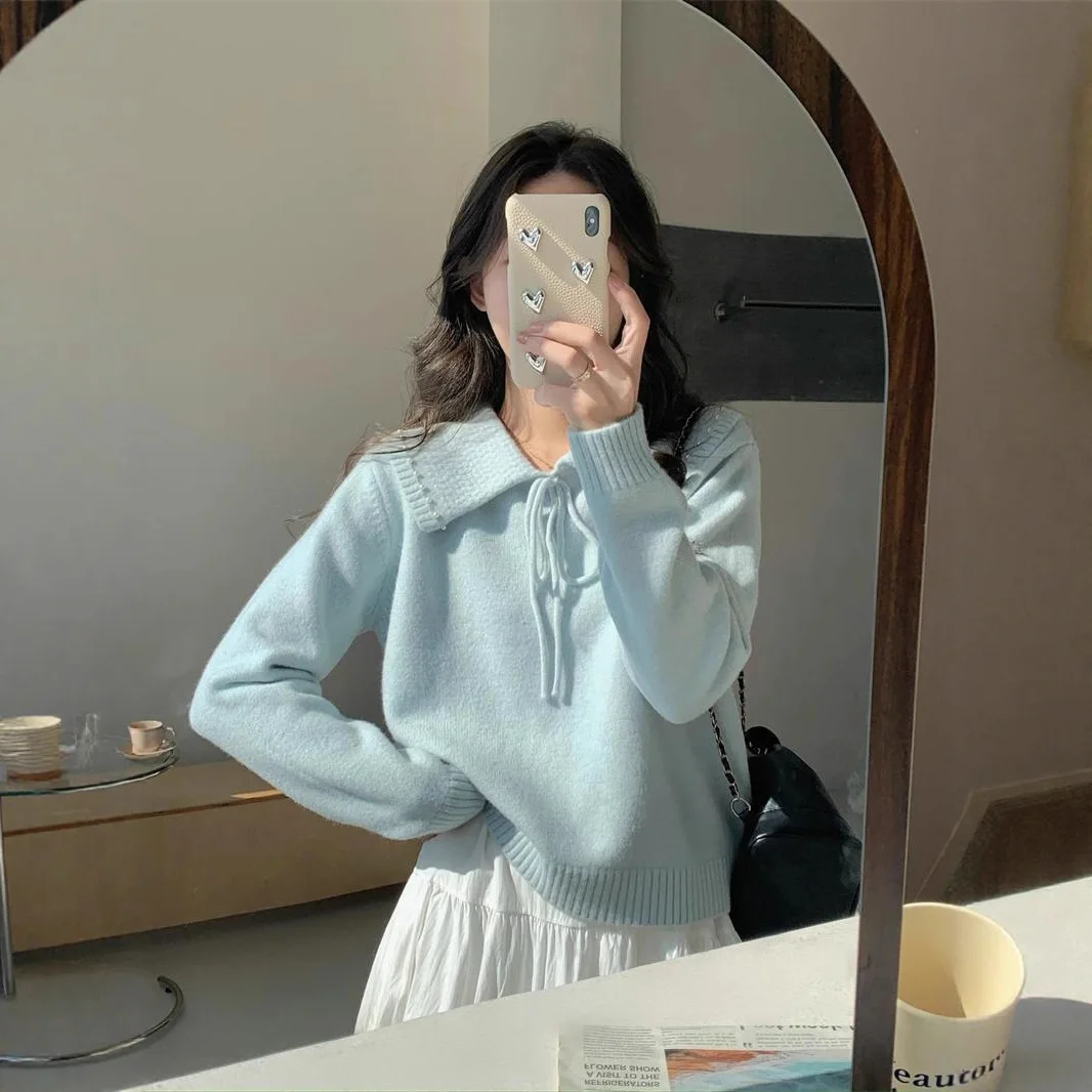 

Gentle Style Milk Series Light Blue Soft Sweet Pullover Loose Design Niche Turn-Down Collar Sweater Women's Tie Knitted Top
