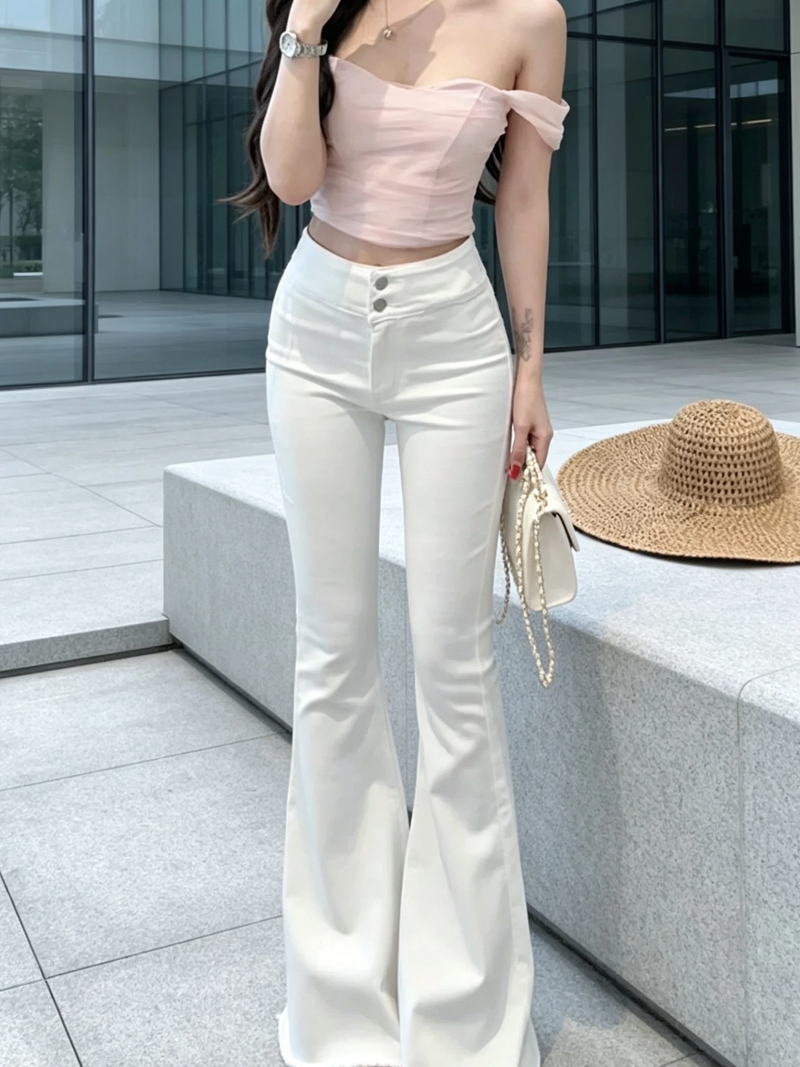 High Waist Bell Bottom Denim Jeans Women's Fashionable White Slimming Stretchy Micro Flared Long Trousers Autumn New Arrival