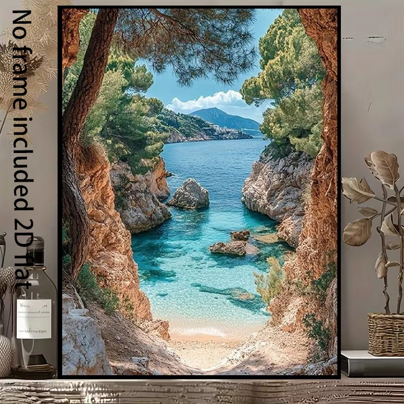 2D Flat, 2D Flat, 1pc of Decorative Canvas Painting Featuring Mediterranean Scenery: a Natural Beauty Scene of Blue Sea, Sky,