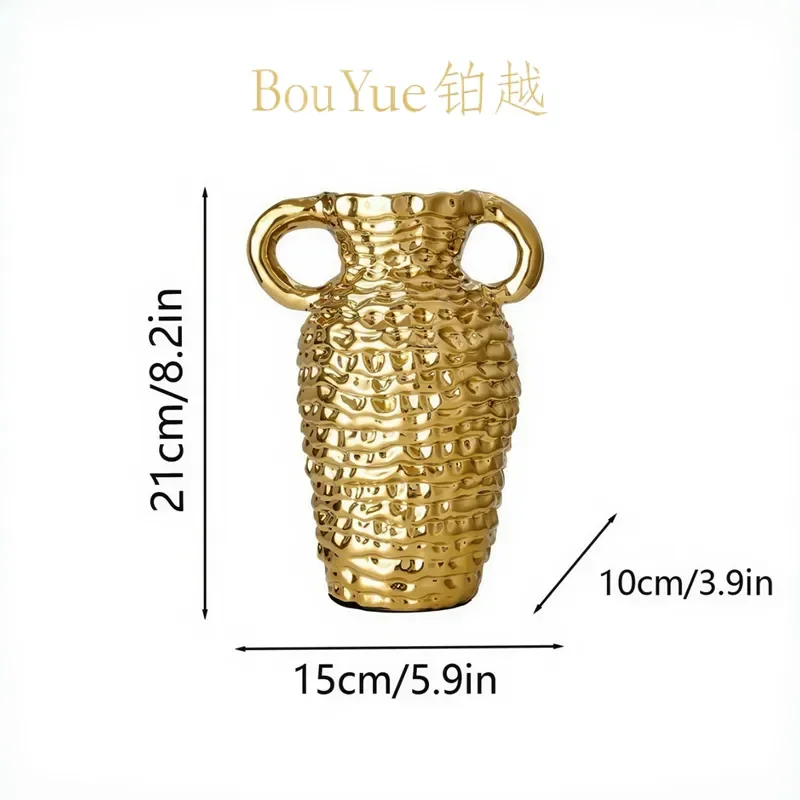 Creative Gold Hammered Vase Luxury Binaural Flower Arrangement Home Decor Ornament for Living Room Dining Table Modern Art