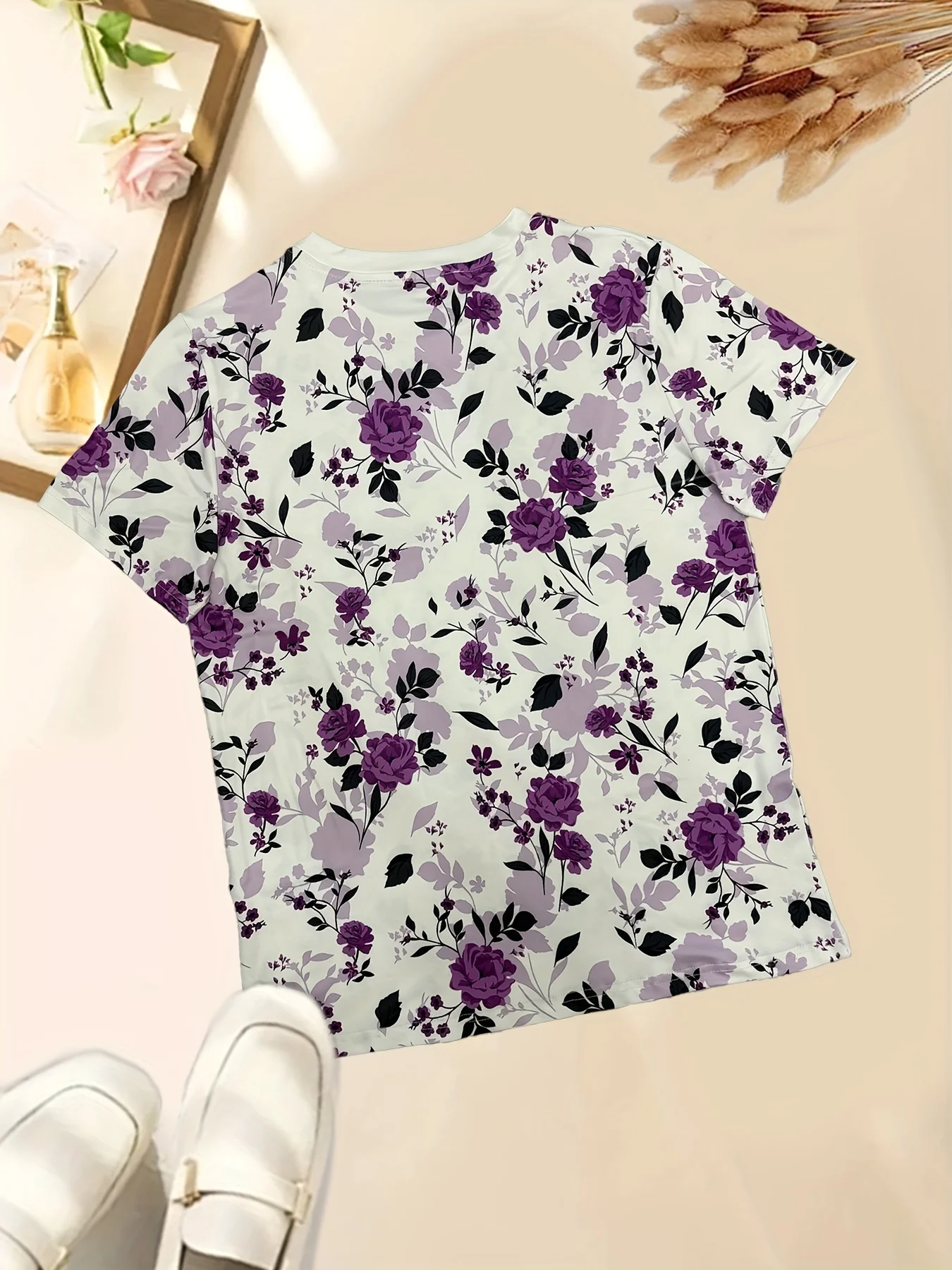 Women's T‑shirt White Base Purple Rose Floral All Over Print Short Sleeve Crew Neck Summer Casual Daily Tops Women Clothing