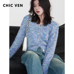 CHIC VEN Korean Women Cardigan New V-neck Dyed Color Long Sleeved Knitted Sweaters Female Short Jumpers Spring Autumn 2024