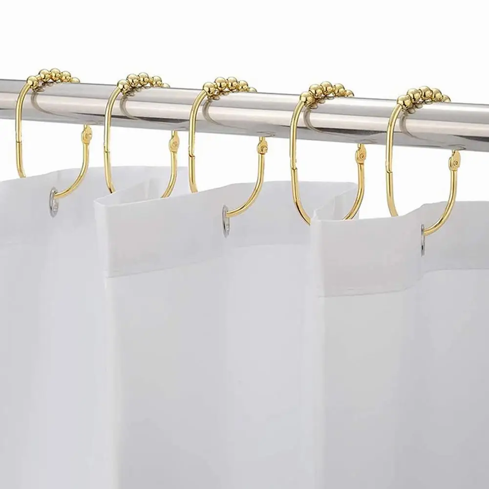 12Pcs Shower Curtain Hooks With 5-roller Balls Brushed Satin Nickel Shower Curtain Rings Modern Style Home Bathroom Curtain Hook