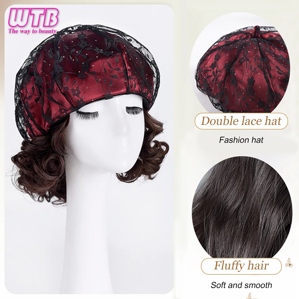 WTB Synthetic Hat Wig Female Lace Short Curly Hair Beret One-piece Fashion Octagonal Wig Hat For women