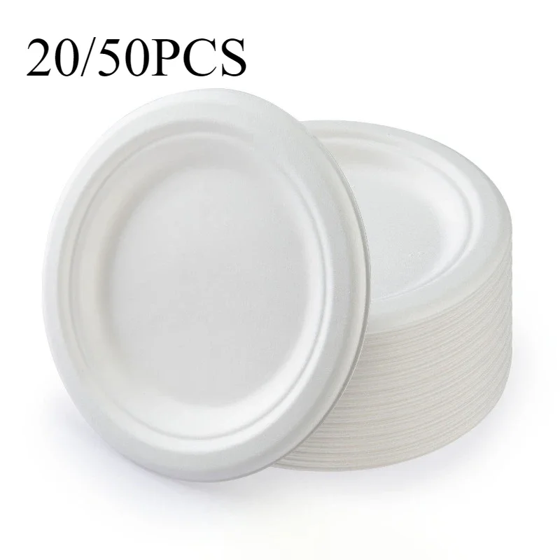Platos desechables de 7 pulgadas, plato de papel degradable ecológico para barbacoa, Picnic, oficina, suministros para fiesta de cumpleaños, 20/50 Uds.