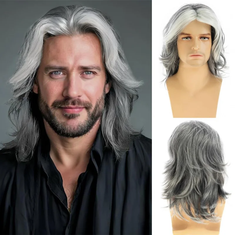 Mens Wig Grey Long Curly Synthetic Wig Heat Resistant Costume Cosplay Hair Wig For Daily Use