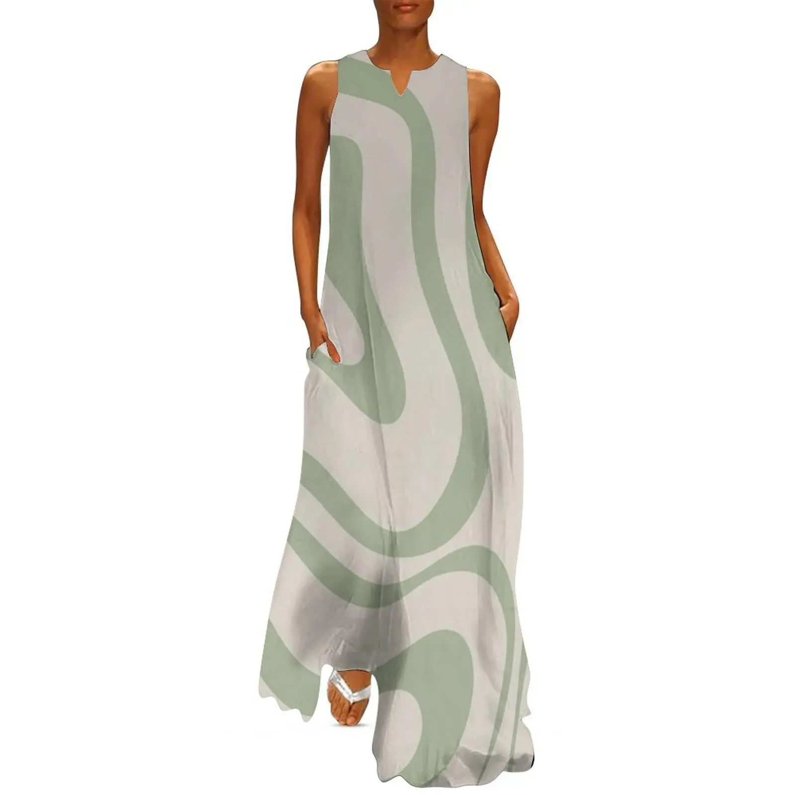 Liquid Swirl Abstract Pattern in Beige and Sage Green Long Dress dress women summer 2025 long dress women summer